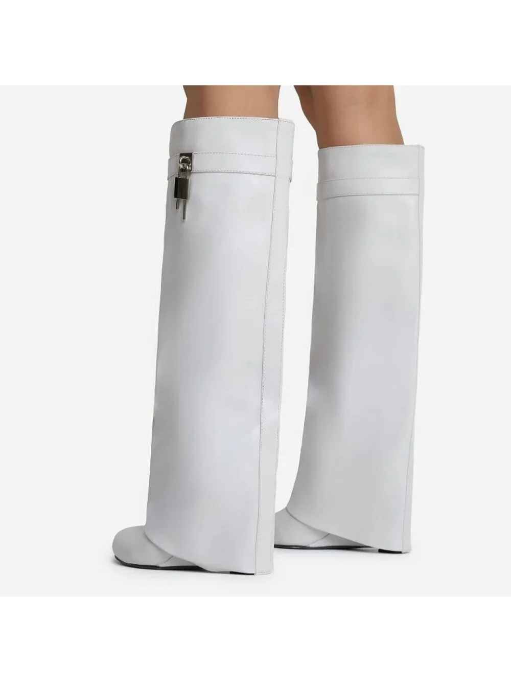 Women's White Fold Over Wide Calf Wedge Heel Knee High With Decorative Lock Boot
